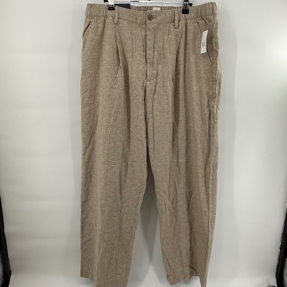 Gap Mens Relaxed Linen Cotton Pleated Trouser Khaki Tan Pants L 781680-01 NEW